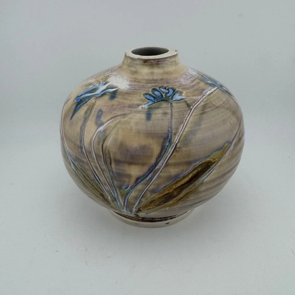 Peggy Steffes Montana Studio Pottery Tan Floral Glazed Artisan Signed Bud Vase